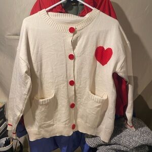 Charming Cream Cardigan with Red Heart Detail